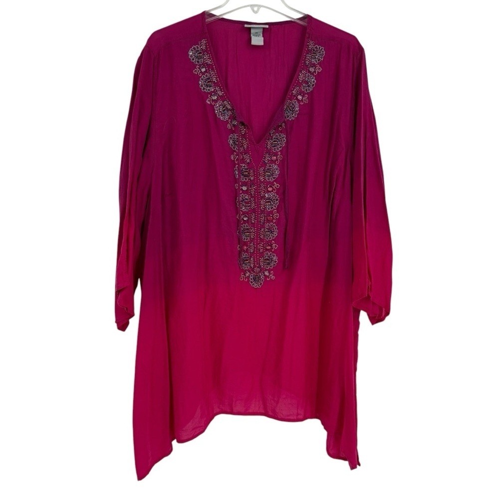 Catherines Ombre Pink Beaded Top Size 3X Tie Neck 3/4 Sleeve Women’s *READ